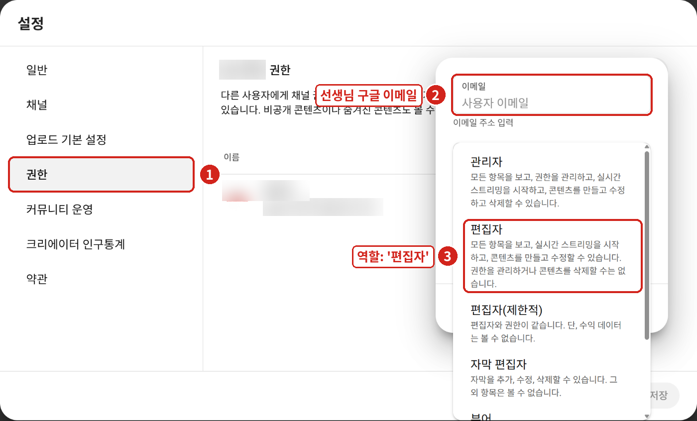 유튜브 스튜디오 ① 설정 › 권한 › [초대] → ② 선생님 이메일 → ③ 역할 '편집자' → [완료]. (원장 이메일은 가림)